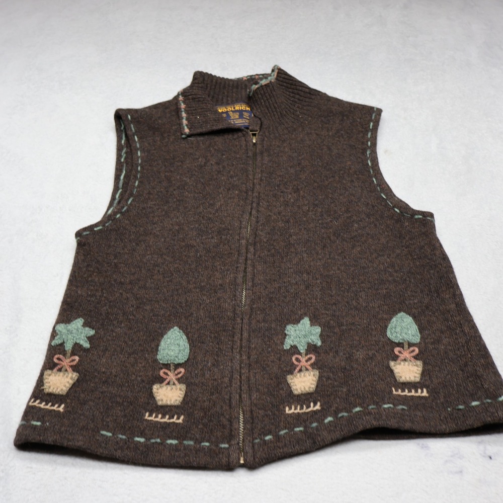 Woolrich Lambswool Vest Women Medium Brown Embroidered Full‎ Zip Knit Boho VTG
